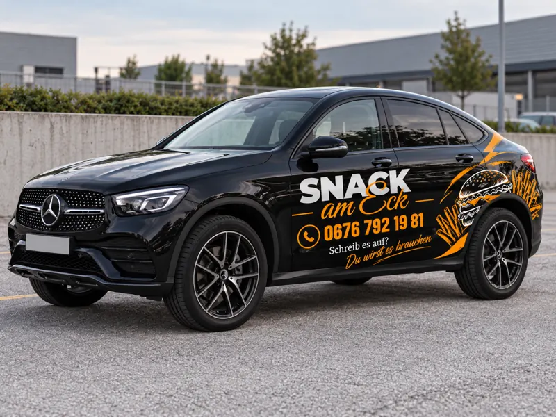 Logolu ve telefon numaralı Snack am Eck servis arabası