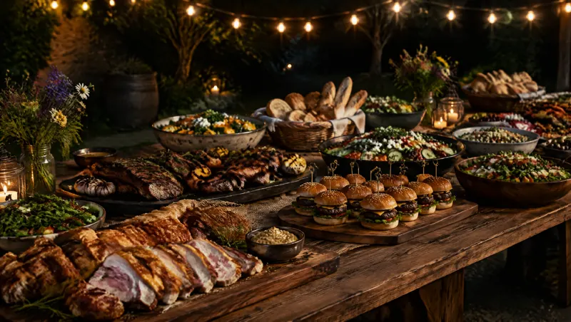 Buffet mit Spanferkel, Grillfleisch, Mini-Burgern und Salaten für eine Feier