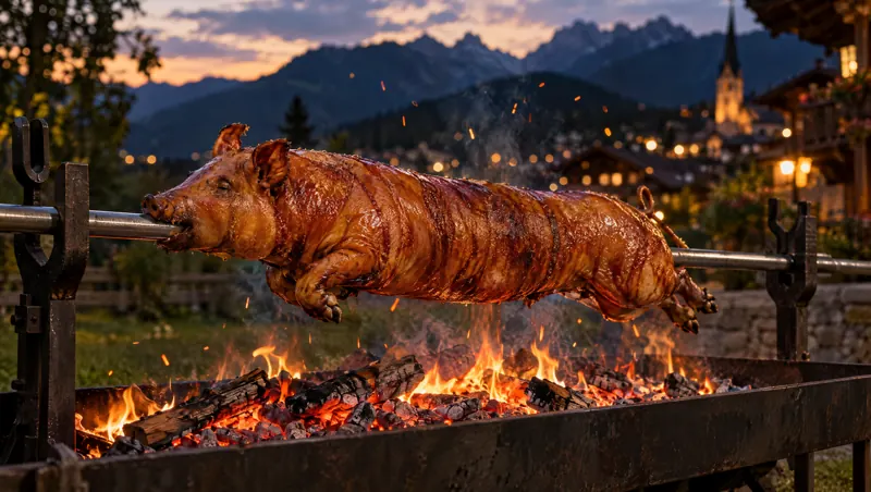 Cijeli odojak na ražnju iznad otvorene vatre